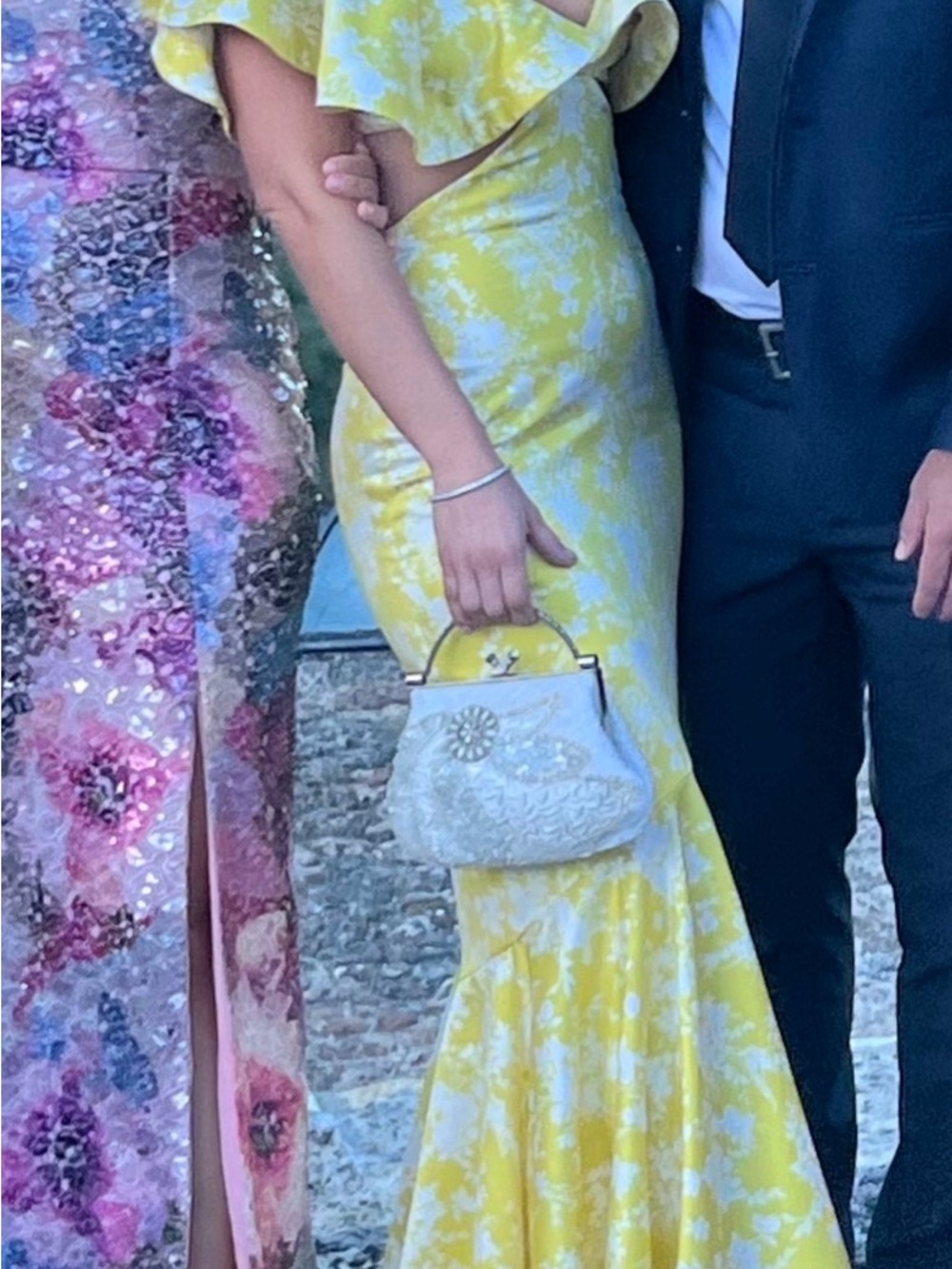 Michael Costello Yellow & White Off-Shoulder Floral Maxi Dress